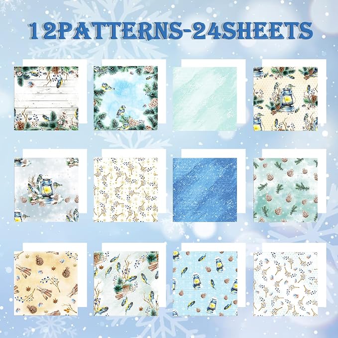 Christmas Pattern Scrapbook Paper, 6 Inch Card Production Supplies, 24 Sheets Single Sided Acid-Free Cardstock Greeting Card, Handmade Gift Journaling Craft Kits (B-style)