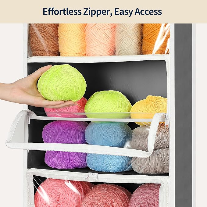 Yecaye Hanging Yarn Storage Organizer with 6 Zippered Closure Compartments, Heavy Duty Stuffed Animal Storage with Clear PVC, Dustproof Yarn Holder for Crocheting Storage, Warm Grey 6 Tier