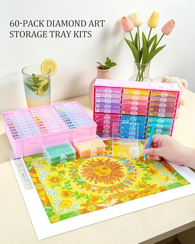 Diamond Art Trays with Lids, 60PCS Diamond Painting Storage, Pink | 60PCS Diamond Painting Trays with Lids, Diamond Painting Accessories for Diamond Art Beads, Pink Plastic Box (2 Packs)