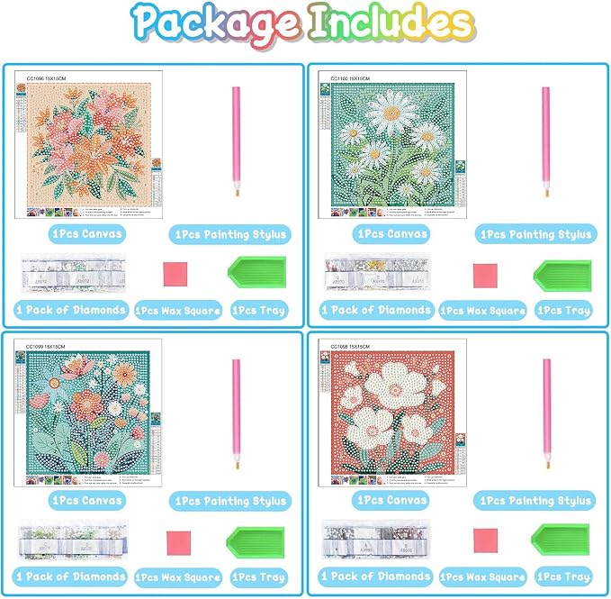 cviokrdu 4 PCS Diamond Art Kits for Kids, Flowers Diamond Art for Kids Ages 4 8 12, Flower Gem Art Kit Crafts Beginners for Gift Home Wall Decor (6x6inch)