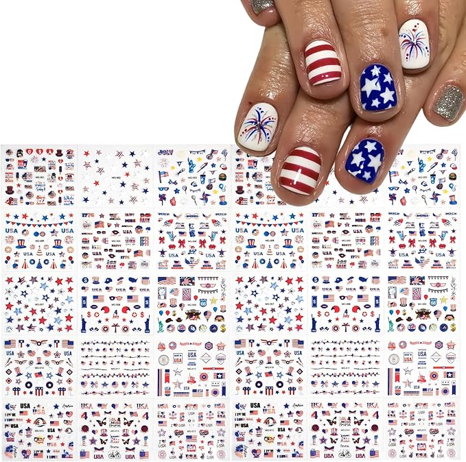 30 Sheets 4th of July Nail Stickers for Nail Art Independence Day Nails Art Stickers 3D Self Adhesive American Flag Stars Letters Fireworks Nails Decals Fourth of July Design Sticker for Women