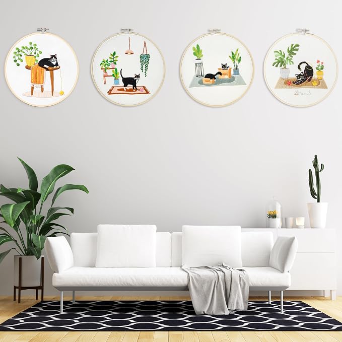 Bonroy 4 Sets Embroidery Set for Beginners, Art Craft, Easy Sewing, Includes Embroidery Clothing, Pattern, Embroidery Hoop, Instruction Manual, Colorful Thread Stitch Set (Cat)