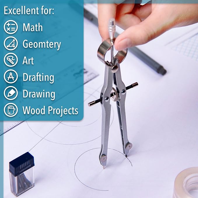 Mr. Pen- Professional Compass for Geometry, Extra Lead | Metal Compass Drawing Tool for Students, Drafting and Engineering, Technical Drawings, Circles and Geometry Projects