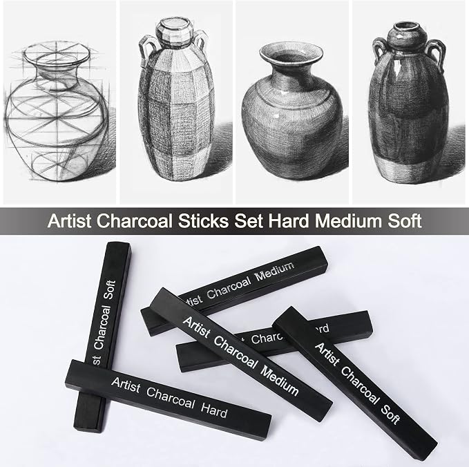 6 Pack Compressed Charcoal Sticks, Vine Charcoal Stick for Drawing, Sketching, Shading, Art Supplies Sketch Kits Tools Soft, Medium and Hard Grade