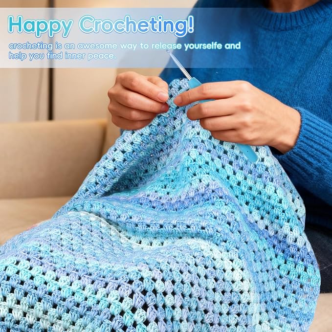 Aeelike Crochet Blanket Kit for Beginners, Easy Crochet Kits, Blue Gradient