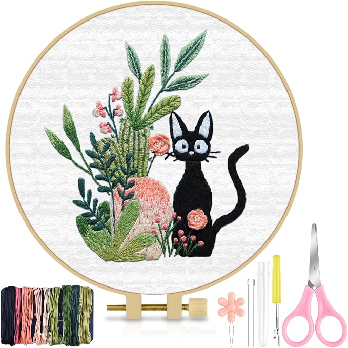 TINDTOP Embroidery Kit for Beginners Adult, Cat Embroidery Kit | Include Embroidery Cloth Hoops Threads for Craft Lover Hand Stitch with Embroidery Skill Techniques