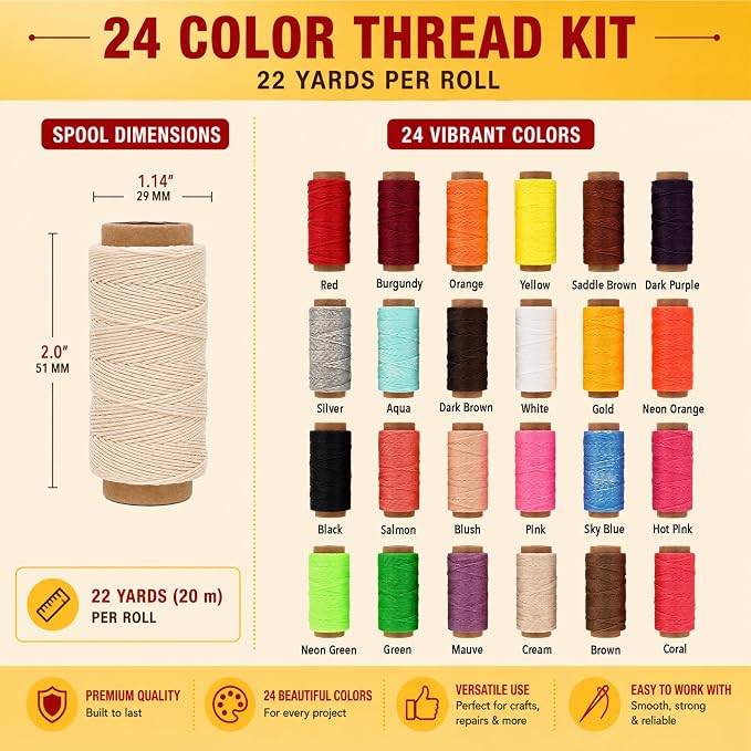 Mandala Crafts 0.55mm 24 Assorted Colors Leather Sewing Round Waxed Thread
