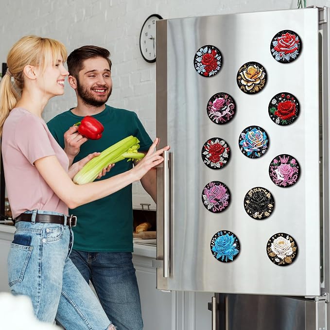 Zonon 12 Pcs Rose Flower Diamond Art Magnets, Flowers Fridge Magnets Adults | Diamond Painting Stickers, Sparkling Rose Designs, Easy to Apply on Refrigerator for Home Kitchen Decor