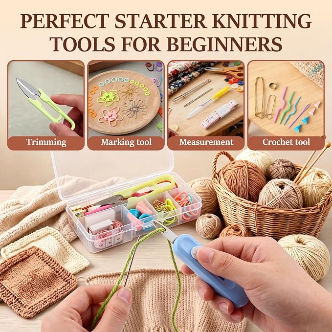 Gulfmew All in One Knitting Kit with Automatic Needle Threader, Sewing Accessories Set with Scissors, Stitch Markers & Portable Storage Case, Easy Threading Tool for Beginners, Crochet & DIY Crafts