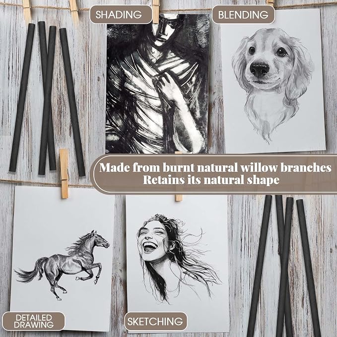 Gueevin 50 Pcs Soft Willow Charcoal Sticks Drawing,5-7mm | For Artists Beginners Students, Vine Charcoal Bulk for Sketching Shading Fine Art, Assorted Sizes, Back to School Gifts