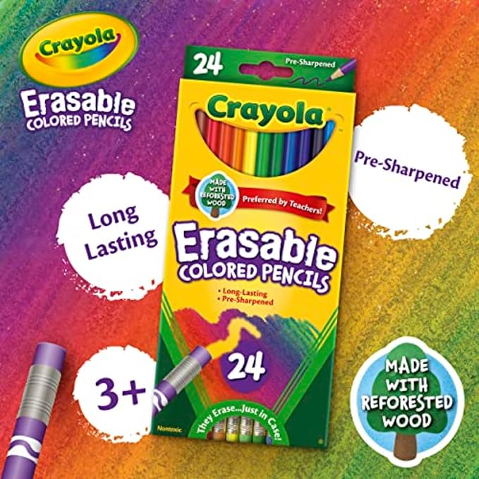 Crayola Erasable Colored Pencils (24ct), Kids Coloring Pencils for Coloring Books, Assorted Colors, Arts & Crafts Supplies, Gifts, Ages 6, 7, 8