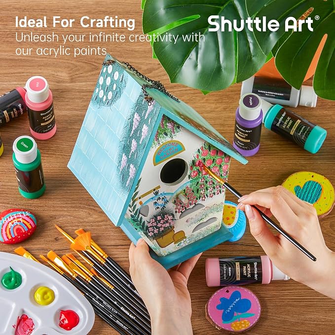 Shuttle Art Acrylic Paint, 42 Colors Acrylic Paint Set with 12 Brushes, 2oz/60ml Bottles, Rich Pigmented, Water Proof, Premium Paints for Artists, Beginners and Kids on Canvas Rocks Wood Ceramic