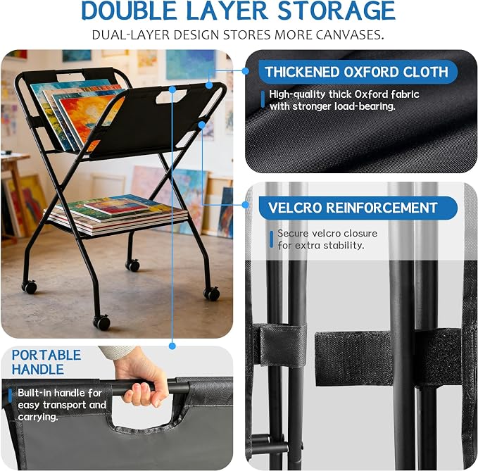 Canvas Art Print Rack，Folding Art Storage Rack with Lockable Caster Wheels