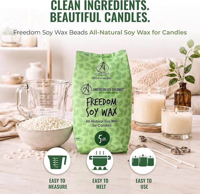 American Soy Organics Freedom Soy Wax Beads, All-Natural Candle Wax, 5 lbs | DIY Candle Making Supplies Ideal for Container Candles, Tealights & Wax Melts, Paraffin-Free, Beeswax-Free, Microwavable