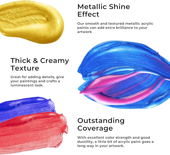Artme Metallic Acrylic Paint Set, 24 Metallic Colors in 2 oz/60ml Bottles, Metallic Shining Acrylic Paint, Rich Pigments Paint Perfect for Artists, Beginners on Canvas, Rocks, Wood, Fabric, Ceramic