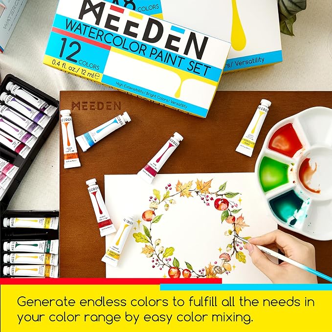 MEEDEN Watercolor Paint Tubes Set: 12 x 12ml (0.4 oz) Colors Painting Set