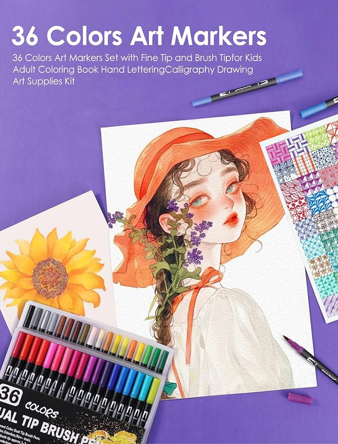 36 Colors Dual Tip Watercolor Markers Pens for School Supplies-Brush & Fine | Coloring Markers No Bleeding for Adult Coloring Books Calligraphy Card Making Sketching Journaling Note Taking Planner Travel