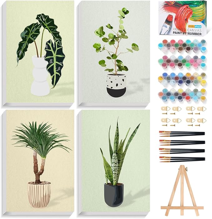 4 Pack Framed Paint by Numbers Kit for Adults Green Plant with Wooden Easel | With Frame Canvas 8x12 IN, For Adults Beginner, DIY Acrylic Painting Plants, Stress Relief Craft Kits, Home Wall Decor Gift
