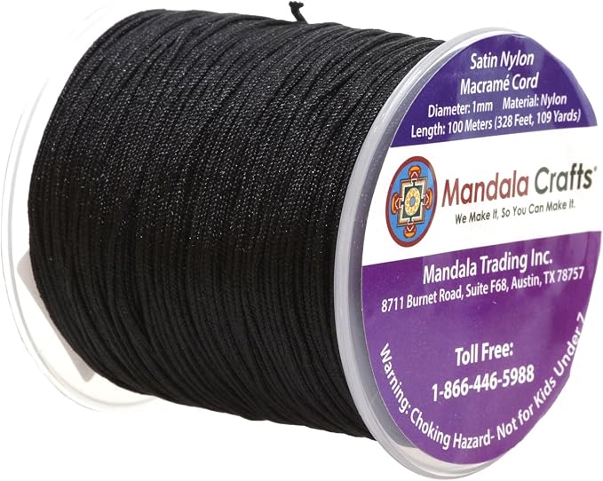 Mandala Crafts 1mm Black Rattail Nylon Satin Cord for Jewelry Making