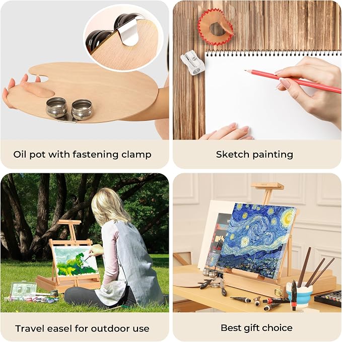 VISWIN Deluxe Oil Paint Set with Beech Wood Easel Box, Advanced Painting Kit with Paint Brush, Canvas, Palette, Oil Cup, Brush Washer, Pencils, Art Supplies, Painting Set for Adult, Artist, Beginners