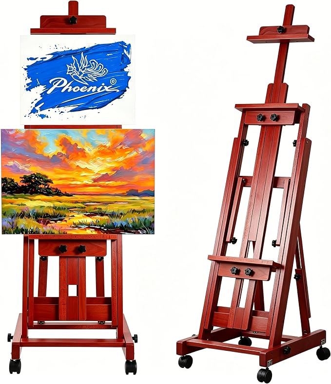 PHOENIX Versatile Studio H-Frame Easel - Solid Beech Wood with Locking Casters, Adjustable Angle & Height, Heavy Duty Canvas Holder with Storage Tray for Professional Artists - Dark Walnut