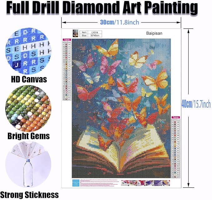 Baipisan Book Butterfly Diamond Art Painting Kits for Adults, Full Drill Diamond Dots Paintings for Beginners, Round 5D Paint with Diamonds Pictures Gem Art Painting Kits DIY Crafts Kits 12x16inch