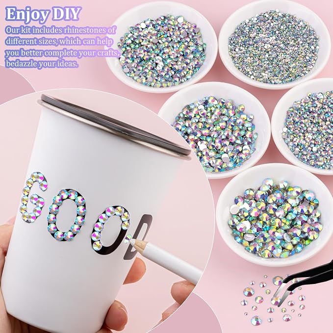 16000Pcs Resin Rhinestones with Tweezers for Crafting, AB 2-6mm Mixed Sizes Bedazzling Crystal with 3Pcs 10ml B7000 Jewelry Glue for DIY Crafts Clothing Tumblers Shoes Fabric Nail Art