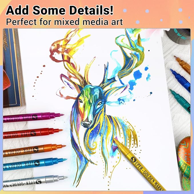 SAKEYR Super Golden Metallic Paint Markers, 12 Colors Sparkle Metallic Glitter Markers, 0.7mm Extra Fine Point Acrylic Paint Pens for Rock Painting, Glass, Wood, Black Paper, Scrapbook, DIY Art Crafts