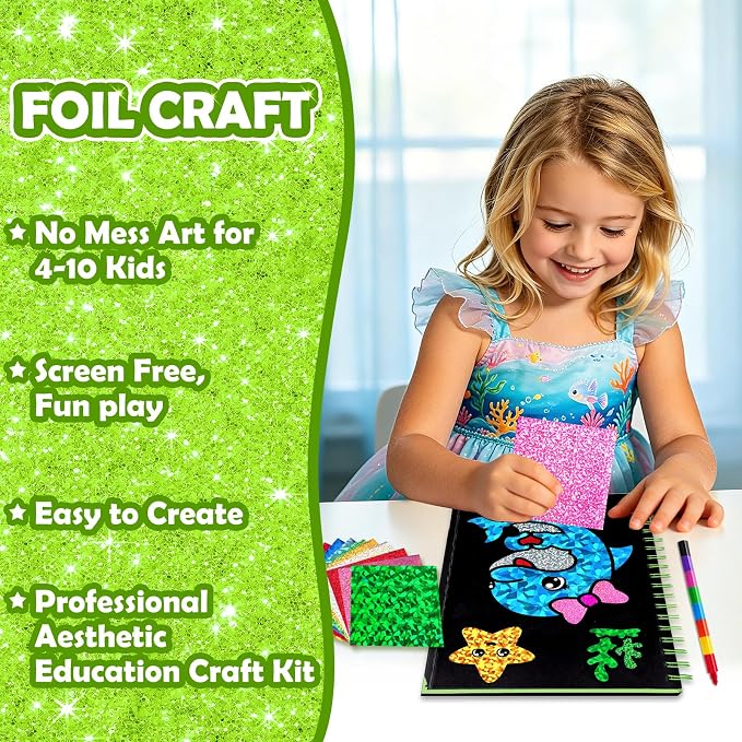 FUNNYB&G Foil Art Craft Kit for Kids, Sparkly Birthday Gift Toy for Kids | No Mess, Kids Ages 4-10 Create Sparkling Artwork, A Creative Gift for Birthdays, Holidays, Travel Activities,Screen-Free Fun