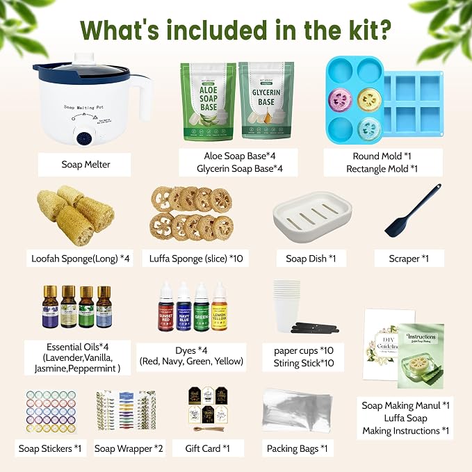 PIUH Loofah Soap Making Kit for Adults Making Handmade Loofah Soaps | 2 lbs Aloe & Glycerin Soap Base, 4 Essential Oils and 4 Dyes, 2 Silicone Molds, Complete Craft Tools & Packaging Supplies