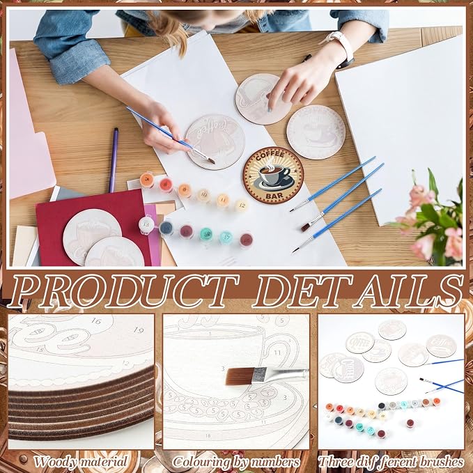 Reallnaive 8 Pcs Coffee Paint by Numbers Kit for Adults Wooden Coaster | Mini Paint by Numbers, Tiny Brown Round Oil Painting Drink Coaster with Holder, for Small DIY Craft Birthday Gift
