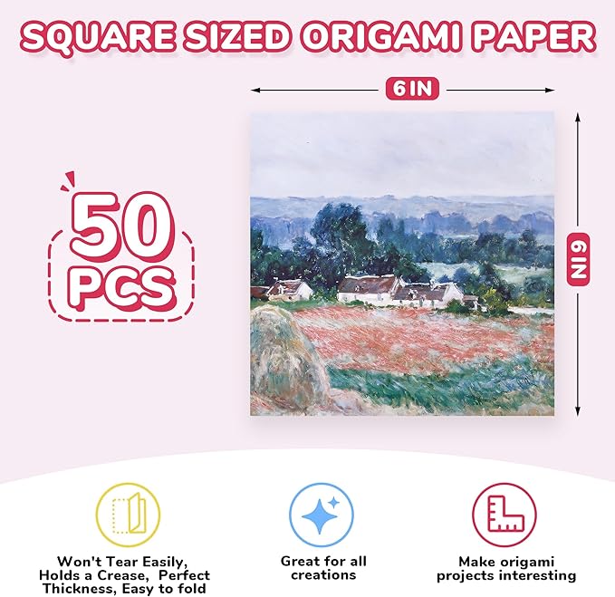 JoyCat Monet Patterned Origami Paper, 50 Double-Sided Sheets, 6x6 Inch | 20 Monet-inspired watercolor designs add soft Impressionist color to origami, scrapbooking, card making and paper crafts.