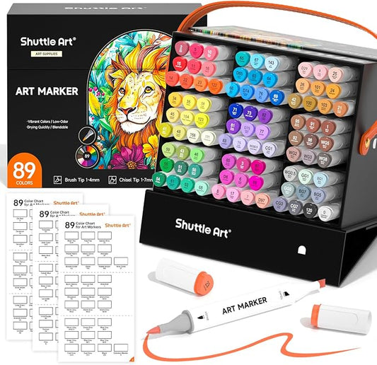 Shuttle Art Brush Tip Alcohol Markers, Dual Tip Brush & Chisel Tip Art Marker Set, 89 Colors Marker Pens with Organized Case Perfect for Illustration Kids Students Adults Coloring Sketching