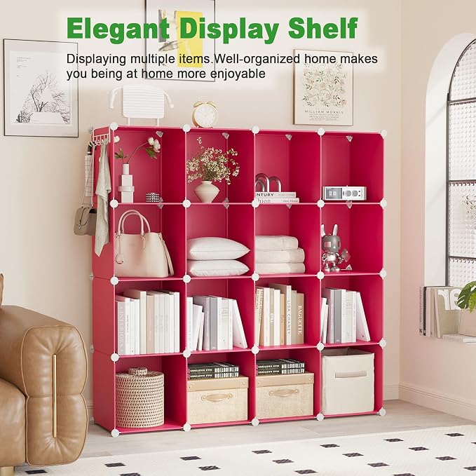 C&AHOME 16 Cube Storage Organizer Cube Shelves Units Storage Cubes, Red