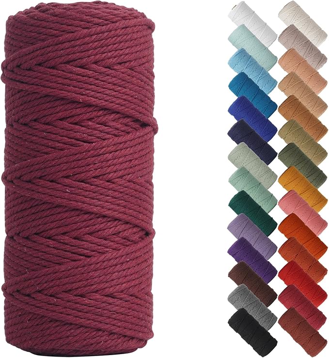 NOANTA Wine Red Macrame Cord 3mm x 109yards, Cotton Rope Macrame Yarn | Macrame Rope Supplies, 3 Strand Twisted Cotton Yarn String, Cotton Cord for Wall Hanging, Plant Hangers, Crafts, Knitting
