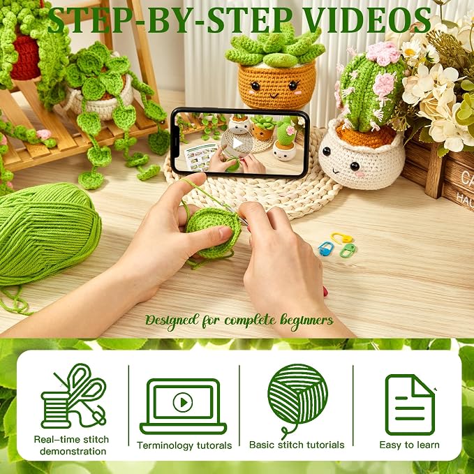 MAGIMUSE Crochet Kit for Beginners, Crochet Starter Kits, Amigurumi Craft Knitting Crocheting Kits with Step-by-Step Video Tutorials, 6 Pack Hanging Potted Plants Family(40%+ Yarn)