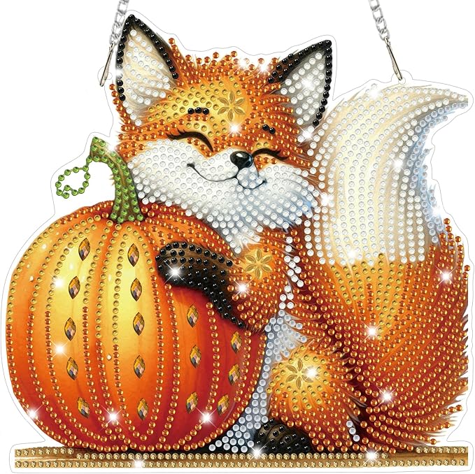 Bowetile Fall Squirrel Diamond Art Hanging Kits for Adults, Diamond Art Suncatchers Maple Leaf, 5D Special Shape Autumn Diamond Painting Pendant Window Ornament Gifts for Home Door Wall Decor