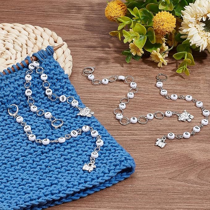 BENECREAT 4 Pcs 4 Style Row Counter Chains Set, Alloy Sheep Charm Chain Row Counter Knitting Row Counter Chains for Knitting and Crochet Crochet Stitch Markers
