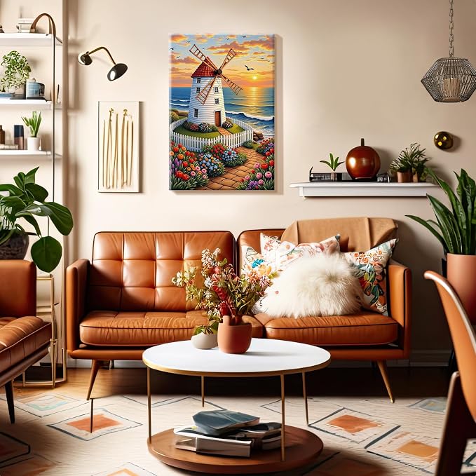 SparkGlow Windmail Paint by Number Kits for Adults with Frame, 8×12 Inch | Sunset Landscape Painting by Numbers, Premium Materials, Fun and Relax, Include Easel, Number Painting for Gift, Home Decor