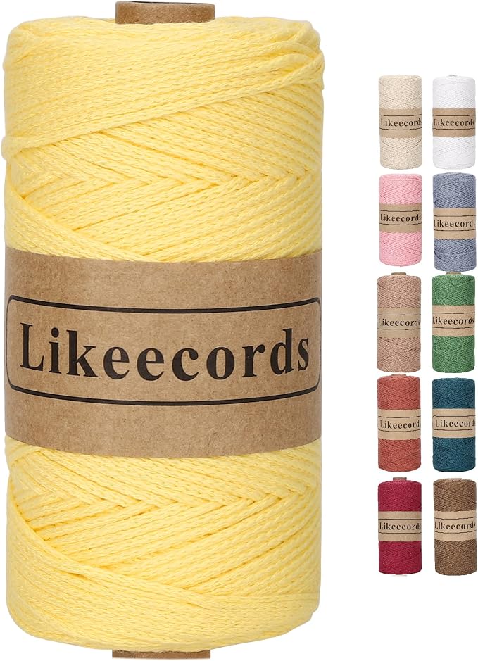 Likeecords 100% Cotton Crochet Bag Cord 2mm 170m Macrame Cord 2mm Crochet Thread Macrame Rope Gift for Knitter (Lemon Yellow)