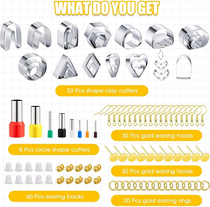 Amylove 72 Pieces Polymer Clay Roller Tools Machine Clay Conditioning Machine Polymer Clay Cutter Kit with Shapes Stainless Steel Clay Earring Cutters Earring Hooks Accessories for Clay Earring Making