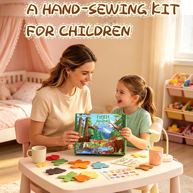 GOASION Sewing Kit for Kids, 12 Pcs Woodland Animals Craft Set, Ages 5+
