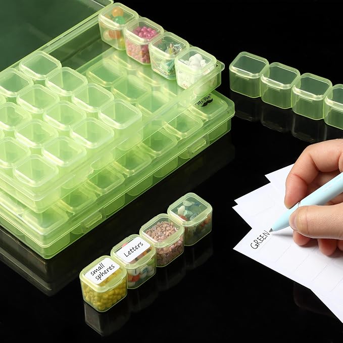 Mr. Pen- Bead Storage Containers, 28 Grids, 2 Pack, Transparent Green | 160 pcs Label Stickers, Transparent, Small Bead Organizer Box, Diamond Art, Diamond Painting Organizer
