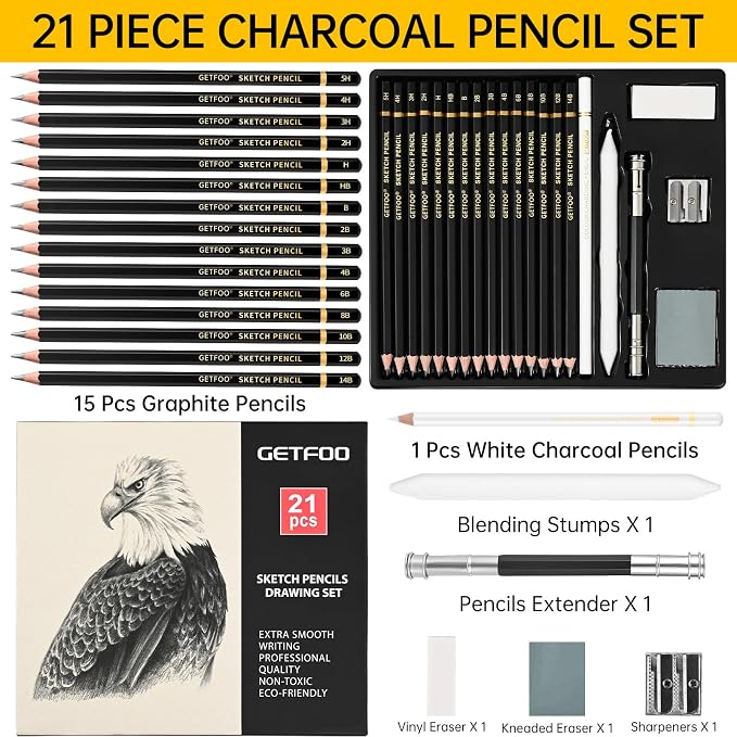21pc Drawing Sketching Pencil Set Graphite 14B-5H & Charcoal Pencils | Professional Drawing & Sketch Pencil Set, White Charcoal Included, Shading & Blending, for Beginners & Artists