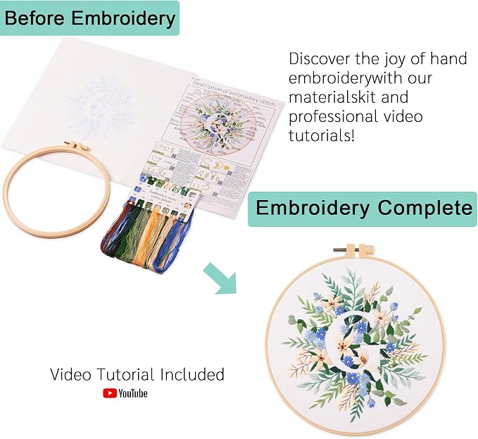 Harimau Letter G Pattern Embroidery Kit for Adult Beginners, Complete Starter Pack with 1 Hoop, Needles, Instruction Guide & Embroidery Stitch Video Tutorials
