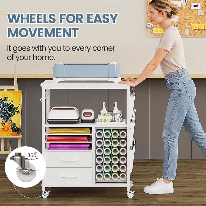 Craft Organizer and Storage Cart Compatible with Cricut Machine Stand Rolling Craft Cabinet Table with Drawers Shelf Vinyl Roll Holders Accessories Holder Tool Hooks for Craft Workstation Room-White