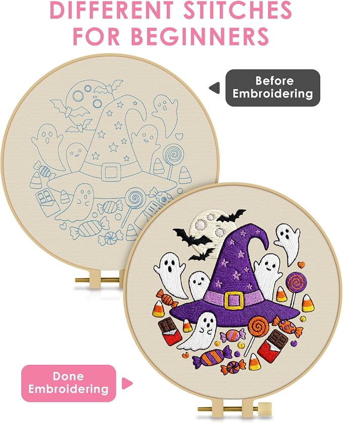 TINDTOP Halloween Embroidery Kit for Adult, Embroidery DIY Starter Kit, with Stamped Patterns, Hoop, Tools, Colorful Threads with Needles, Instructions (Halloween C)