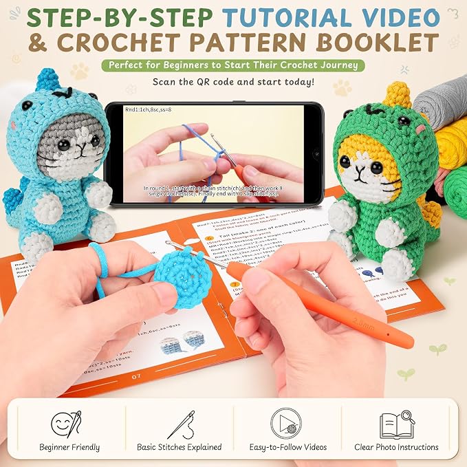 Fortuning's JDS Crochet Kit for Beginners, 2 Pack Dinosaur Cat Crochet Kit