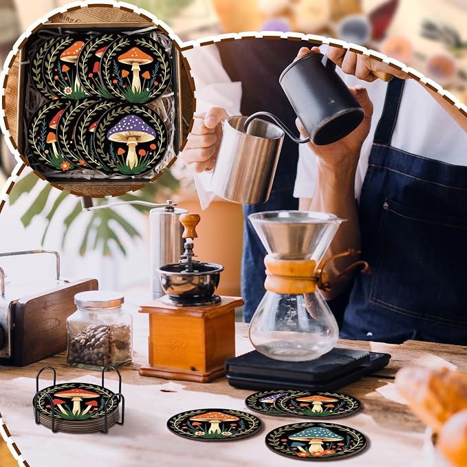 Reallnaive 8 Pcs Mushroom Paint by Numbers Kit for Adults Wooden Coasters | Mini Paint by Numbers, Tiny Black Round Oil Painting Drink Coaster with Holder, for Small DIY Craft Birthday Gift