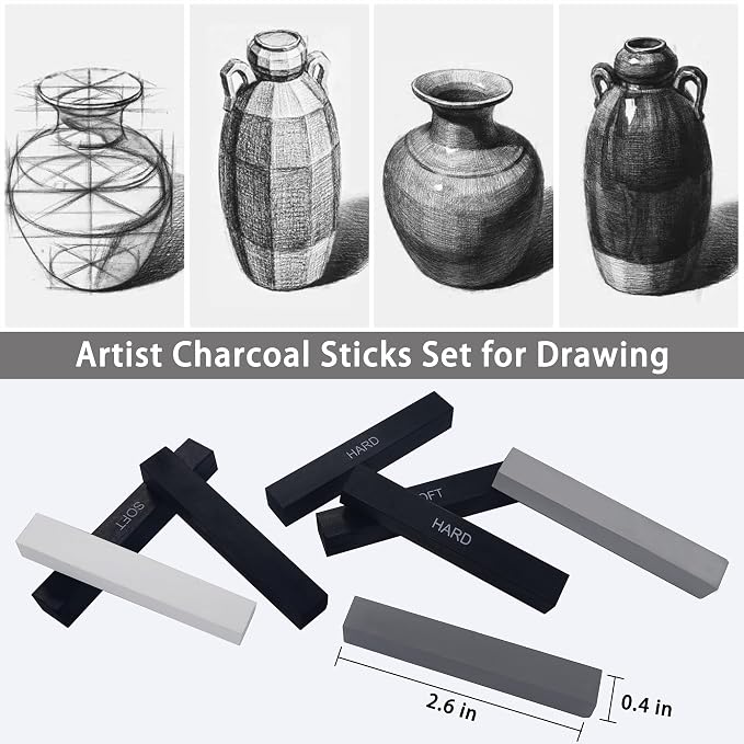 24 Pcs Compressed Charcoal Sticks with Soft, Medium, Hard and White Charcoal, Square Charcoal Stick Kit for Drawing, Sketching and Shading (12 Black + 4 Gray + 8 White)
